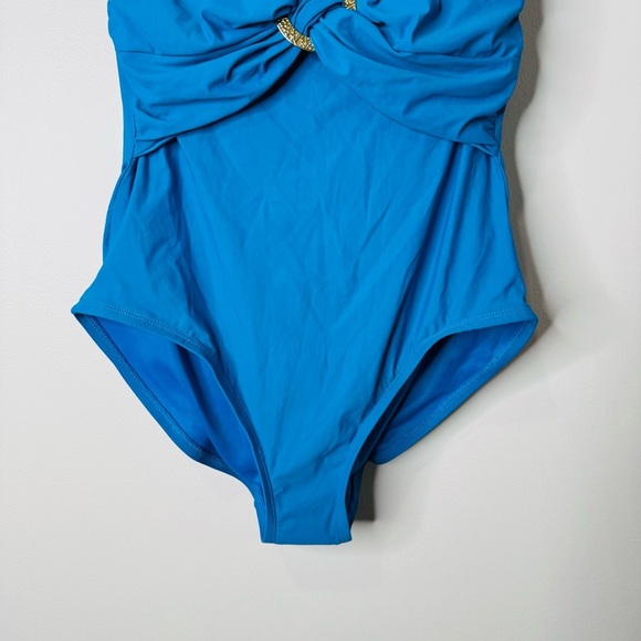 NEW Spanx Halter One Piece Bayside Blue Gold Ring Twist Front Swimsuit Size XL - Picture 4 of 11